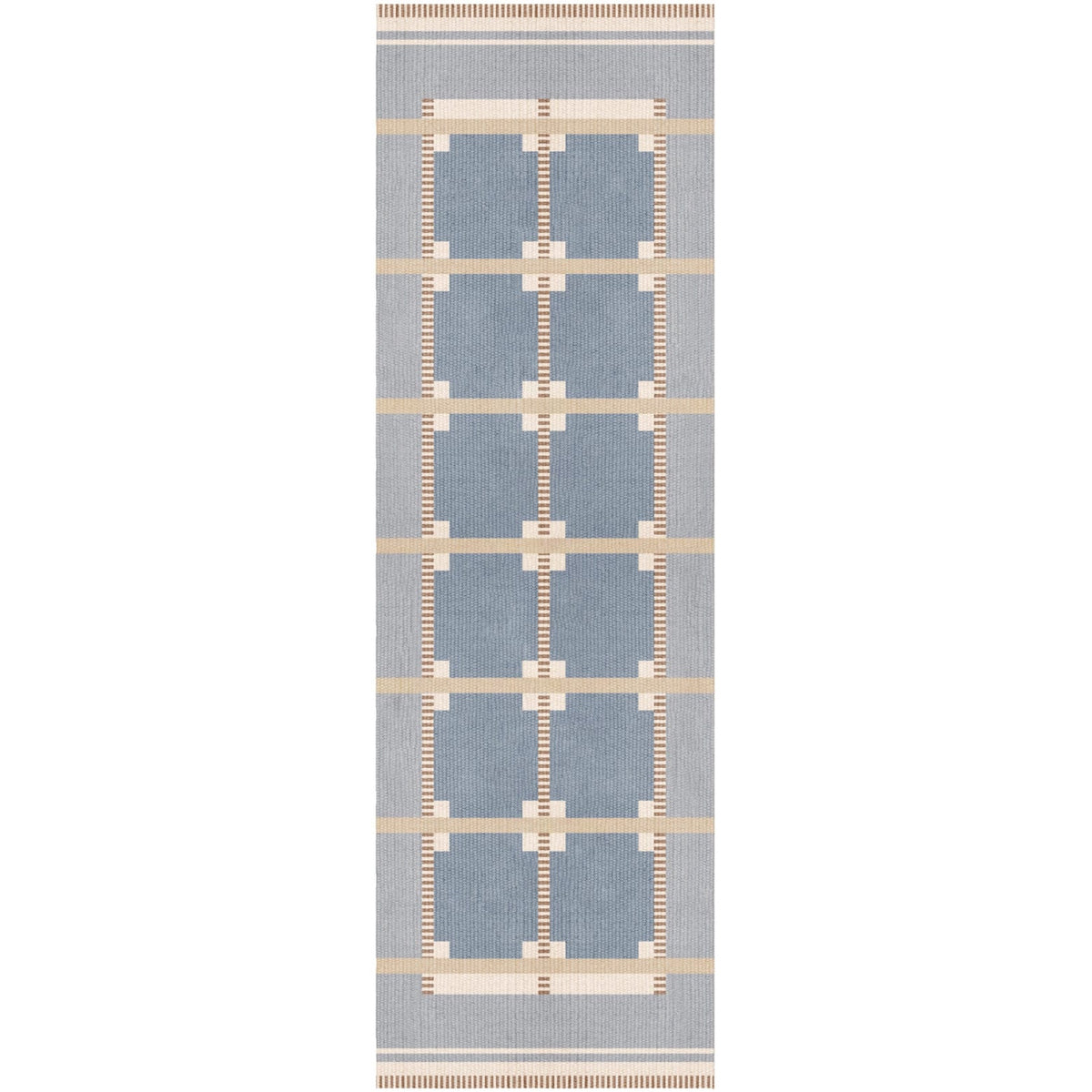 Blue Grey Beige Runner. Scandinavian Design Wool Handwoven Flat Weave