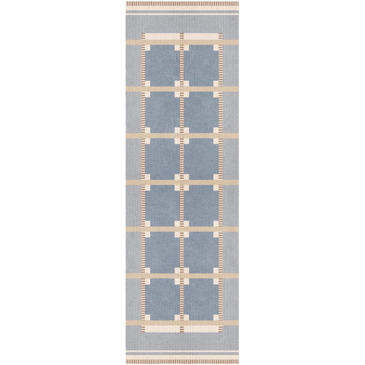 Blue Grey Beige Runner. Scandinavian Design Wool Handwoven Flat Weave