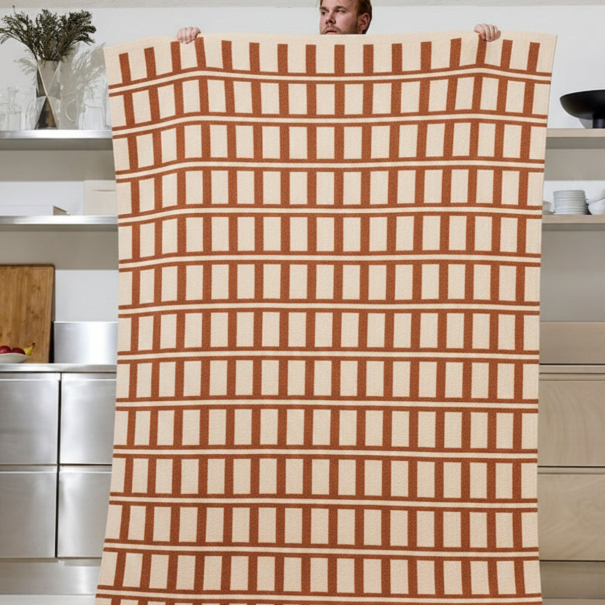 Rust and Beige Geometric Handwoven Wool Rug