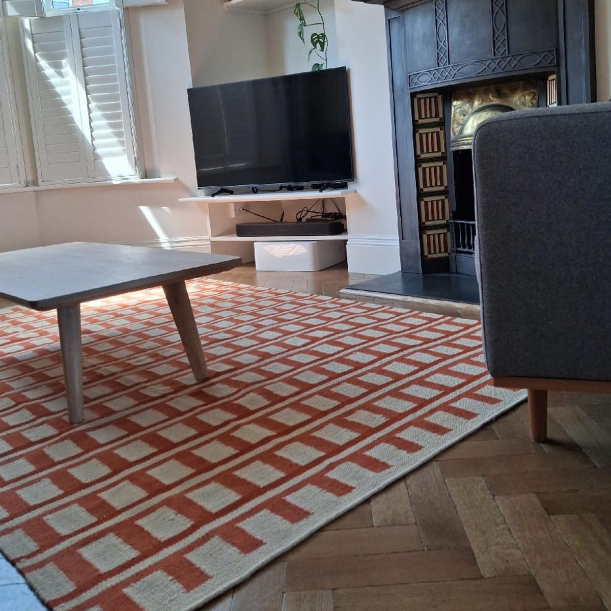 Rust and Beige Geometric Handwoven Wool Rug