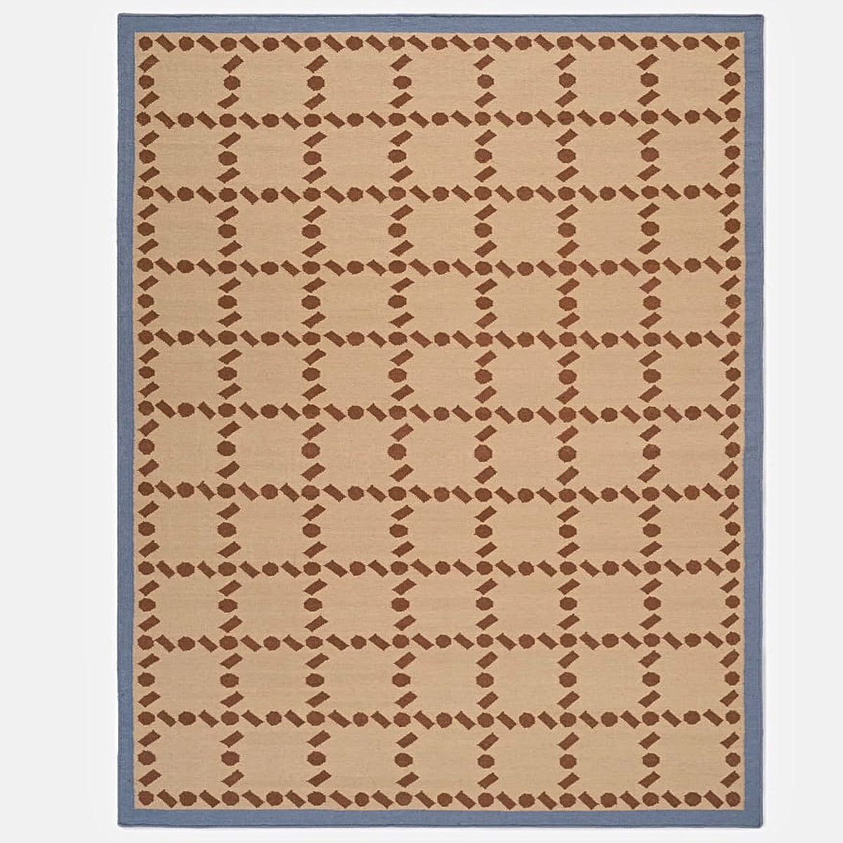 Handwoven Blue Rust Beige Wool Rug - Geometric Scandinavian Modern Minimalist Design