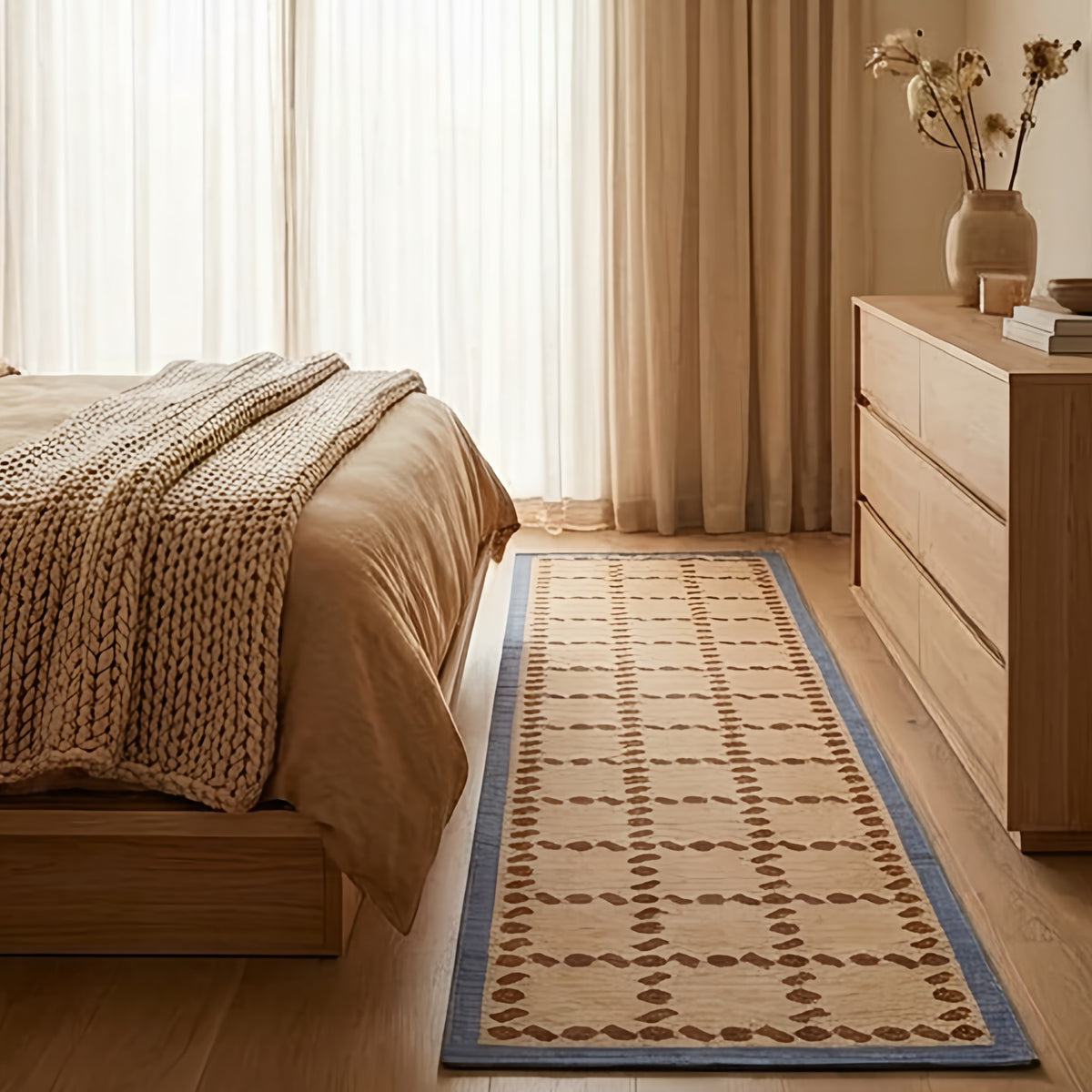 Handwoven Blue Rust Beige Wool Rug - Geometric Scandinavian Modern Minimalist Design