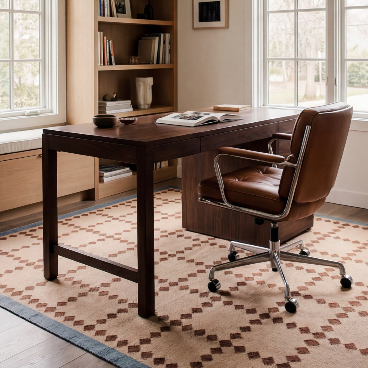 Handwoven Blue Rust Beige Wool Rug - Geometric Scandinavian Modern Minimalist Design