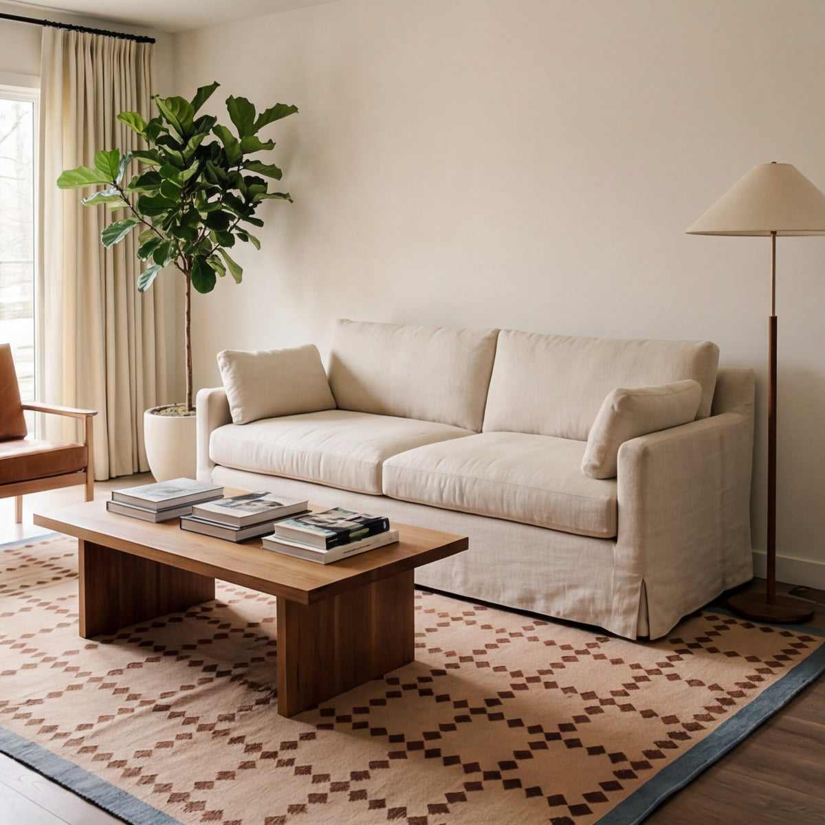 Handwoven Blue Rust Beige Wool Rug - Geometric Scandinavian Modern Minimalist Design