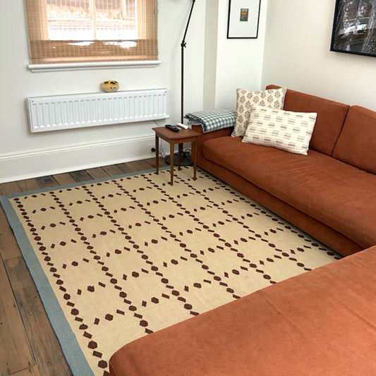 Handwoven Blue Rust Beige Wool Rug - Geometric Scandinavian Modern Minimalist Design