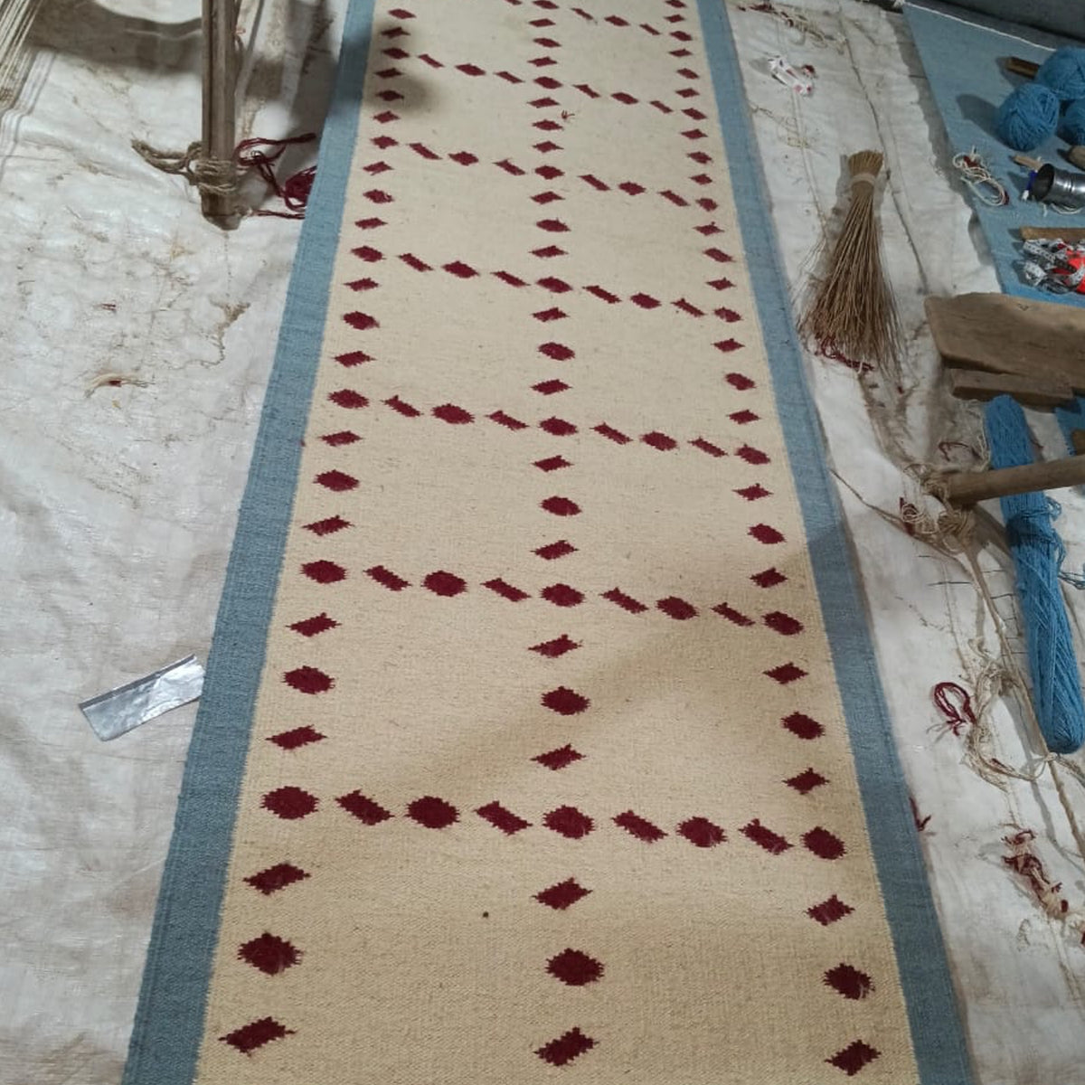 Handwoven Blue Rust Beige Wool Rug - Geometric Scandinavian Modern Minimalist Design