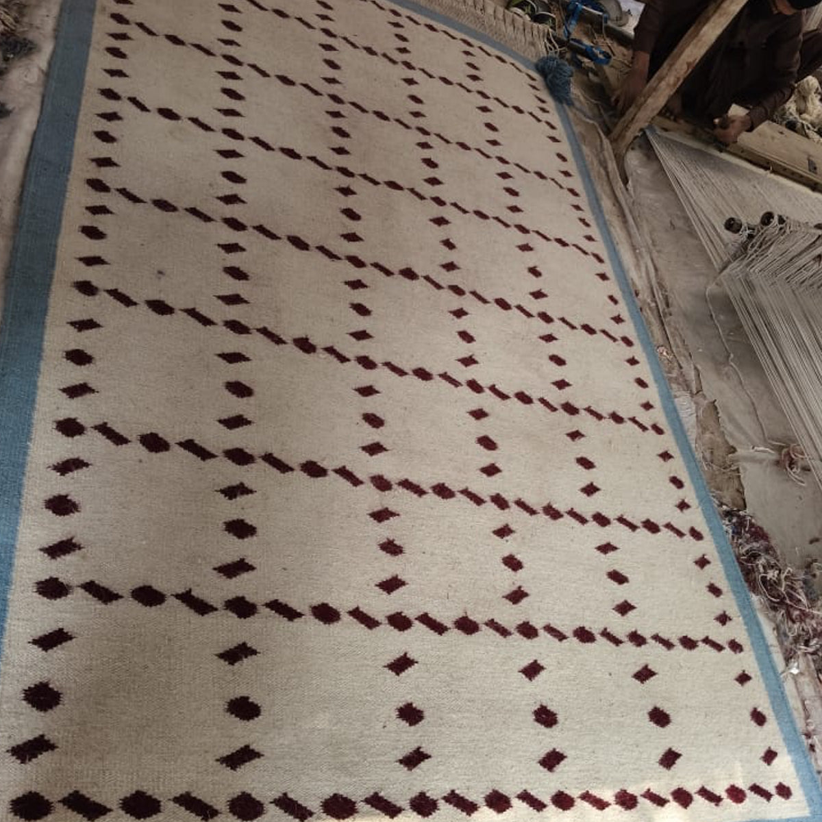 Handwoven Blue Rust Beige Wool Rug - Geometric Scandinavian Modern Minimalist Design