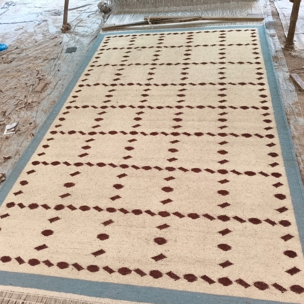Handwoven Blue Rust Beige Wool Rug - Geometric Scandinavian Modern Minimalist Design