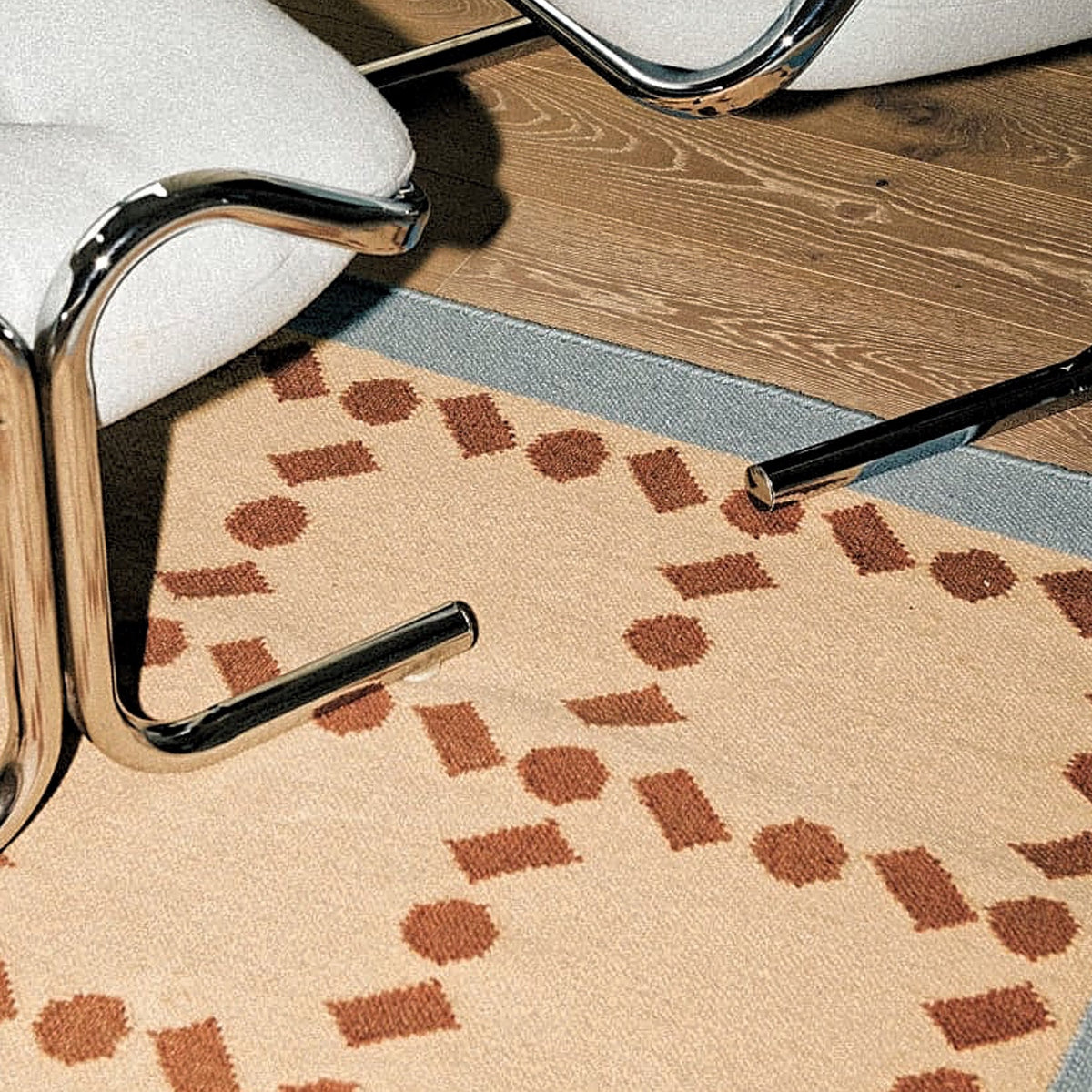 Handwoven Blue Rust Beige Wool Rug - Geometric Scandinavian Modern Minimalist Design