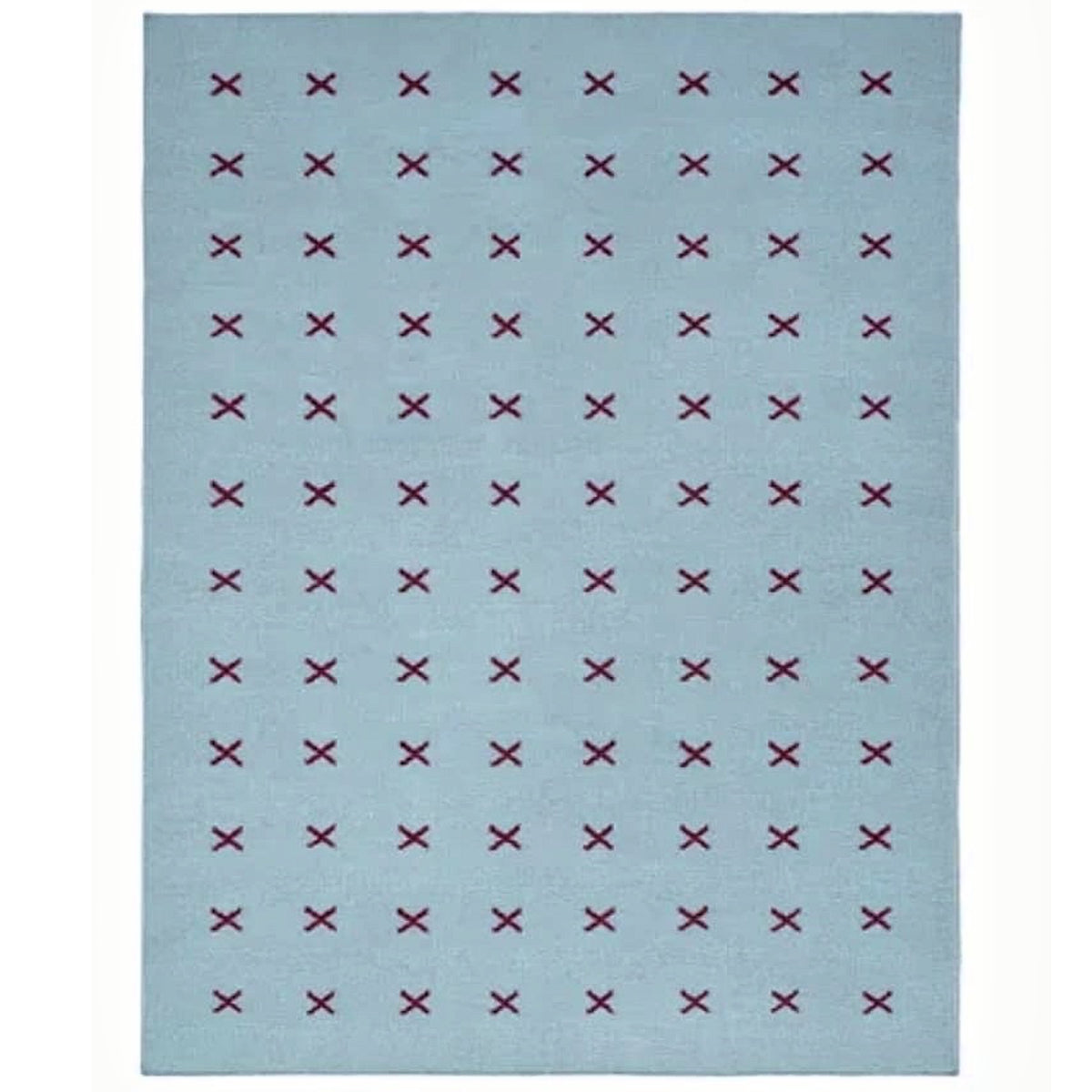 Scandinavian Handwoven Blue Burgundy Cross. Minimalist Geometric Wool Rug Nordic Decor