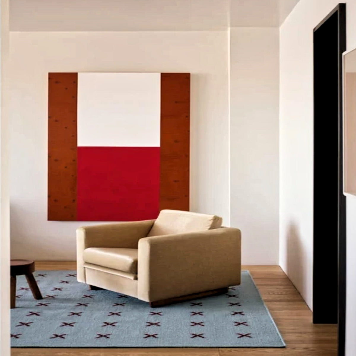 Scandinavian Handwoven Blue Burgundy Cross. Minimalist Geometric Wool Rug Nordic Decor