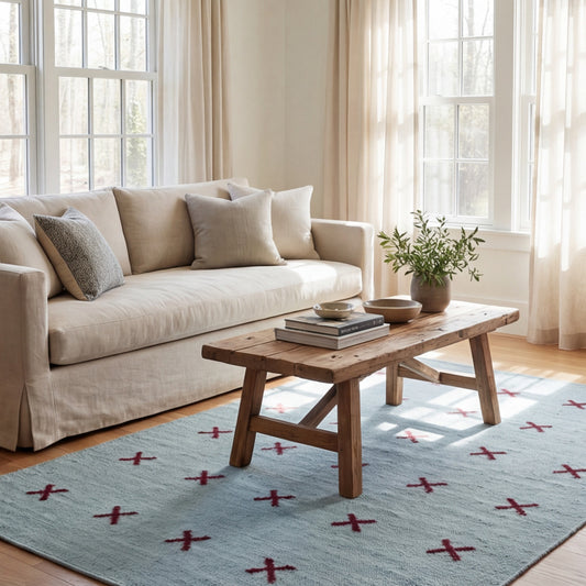 Scandinavian Handwoven Blue Burgundy Cross. Minimalist Geometric Wool Rug Nordic Decor