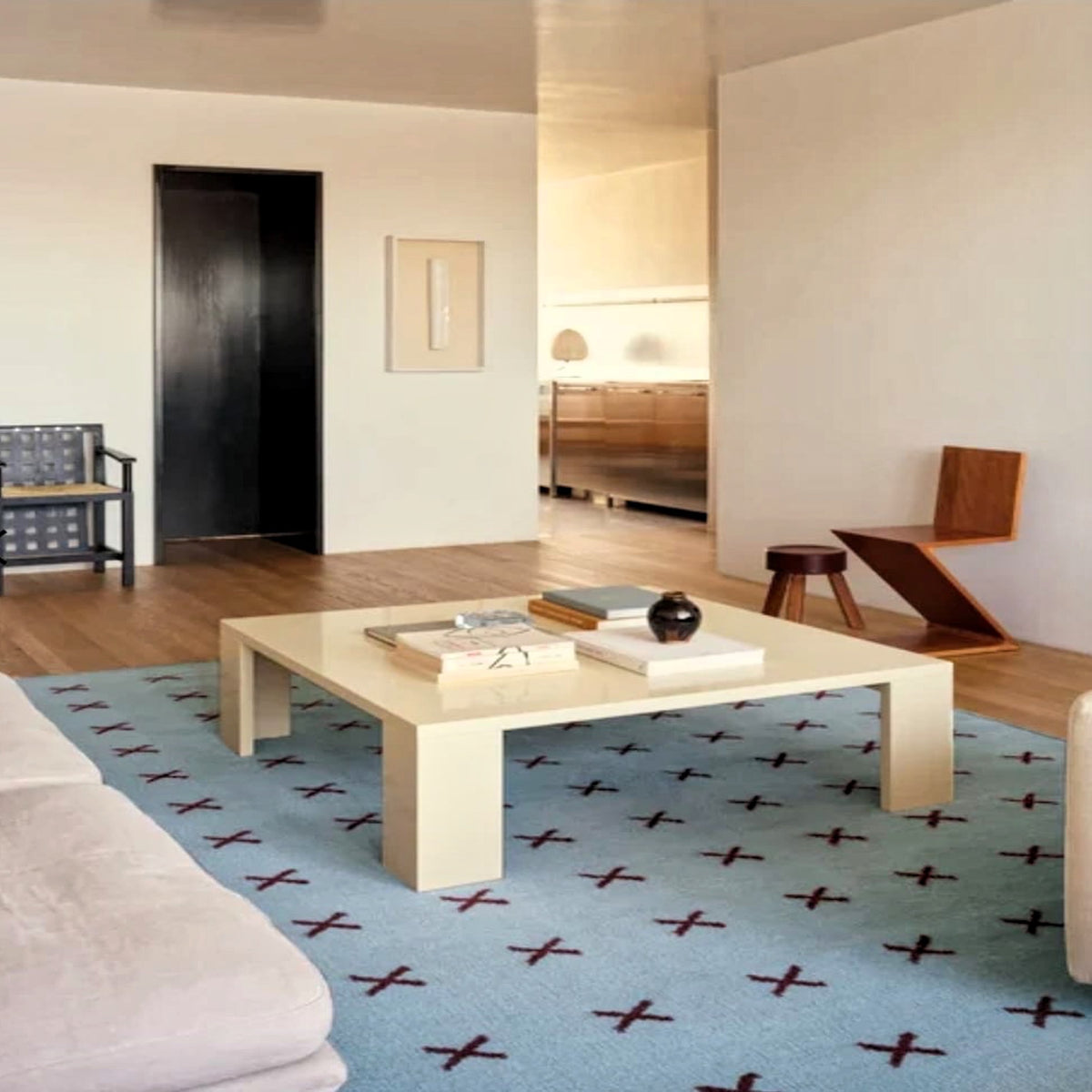 Scandinavian Handwoven Blue Burgundy Cross. Minimalist Geometric Wool Rug Nordic Decor