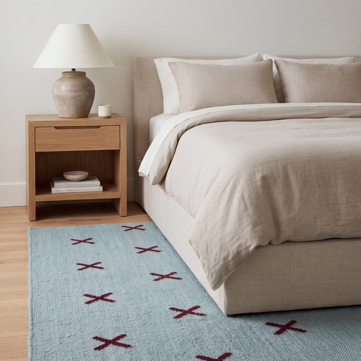 Scandinavian Handwoven Blue Burgundy Cross. Minimalist Geometric Wool Rug Nordic Decor