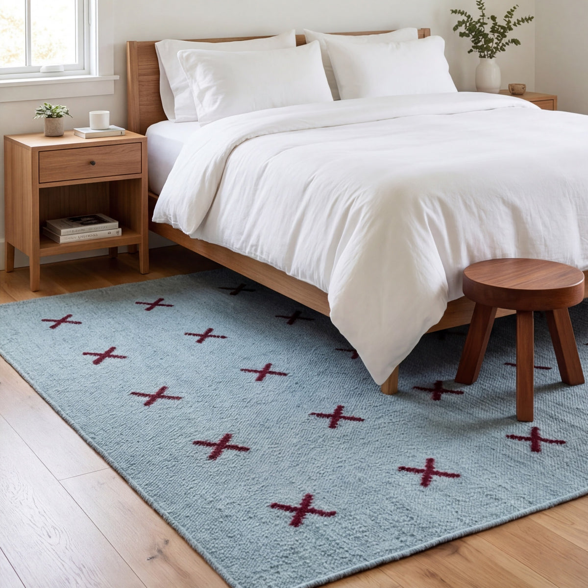 Scandinavian Handwoven Blue Burgundy Cross. Minimalist Geometric Wool Rug Nordic Decor