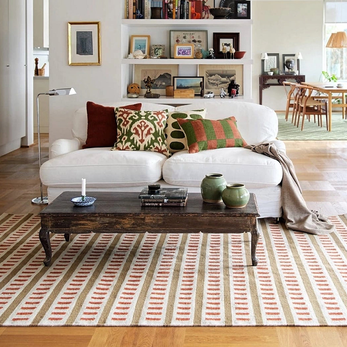 Tapis moderne géométrique pour salon, design scandinave, olive, rouille et rose