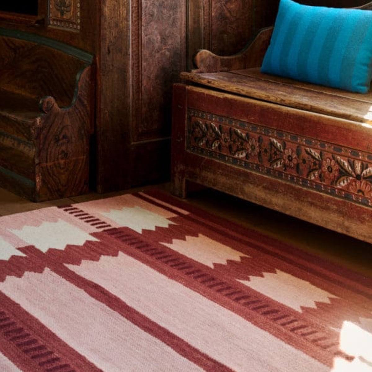Scandinavian Wool Flatweave: Pink, Rust & Cream Geometric Handwoven Modern Area Rug with Runner Option