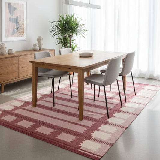 Scandinavian Wool Flatweave: Pink, Rust & Cream Geometric Handwoven Modern Area Rug with Runner Option