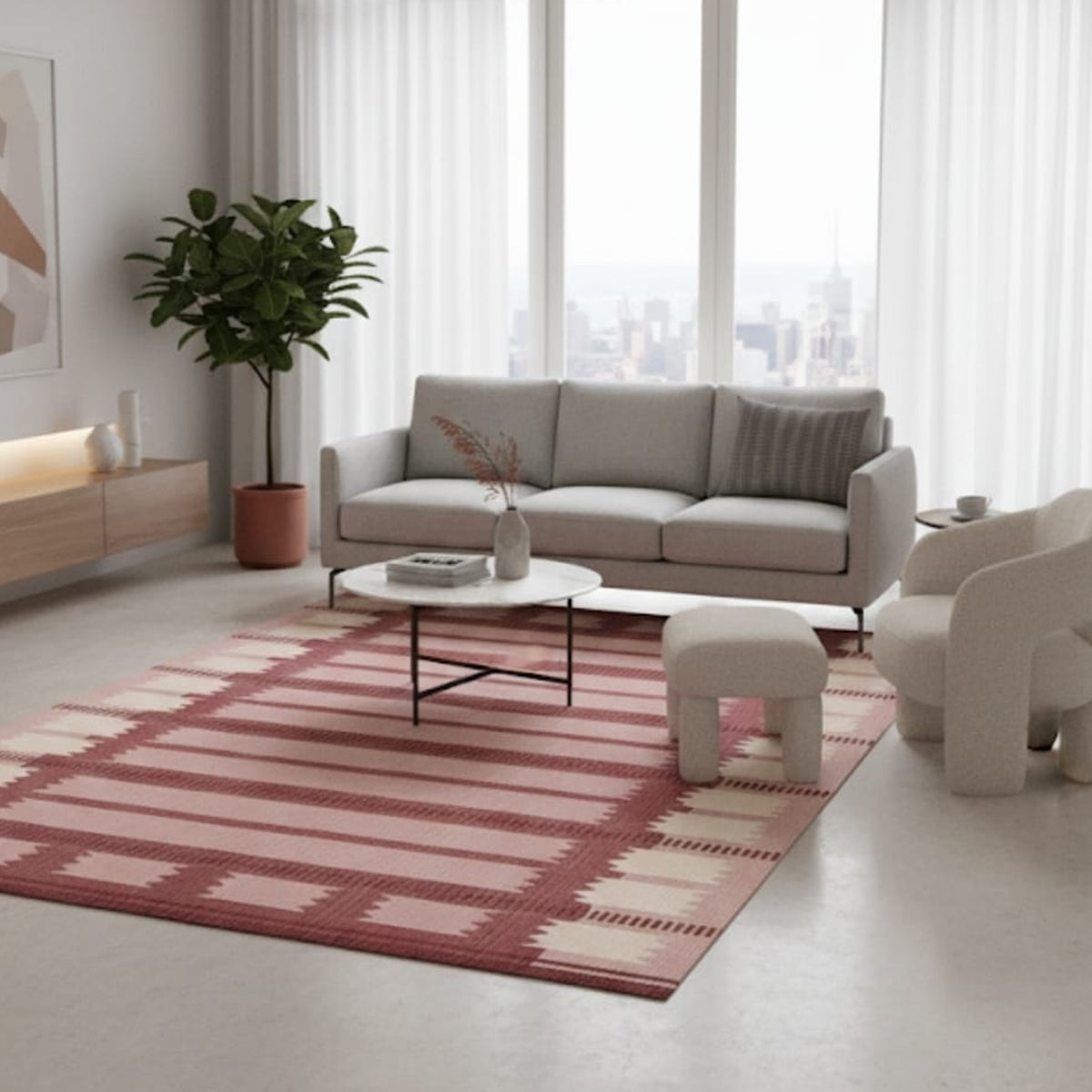 Scandinavian Wool Flatweave: Pink, Rust & Cream Geometric Handwoven Modern Area Rug with Runner Option