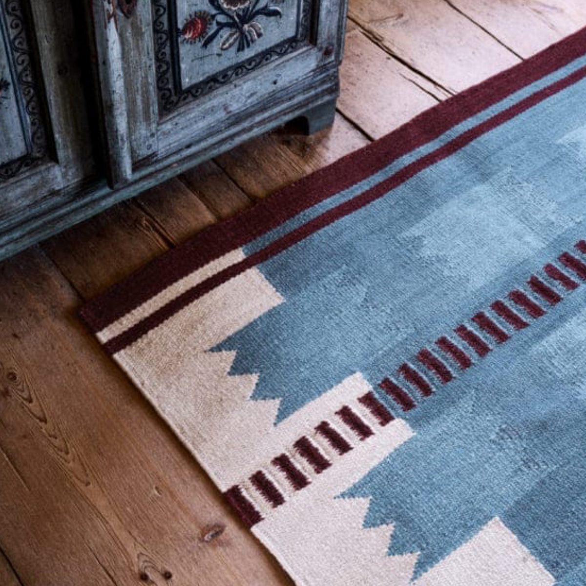 Blue Burgundy Cream Scandinavian Design Handwoven Wool Flat weave Geometric Modern Rug