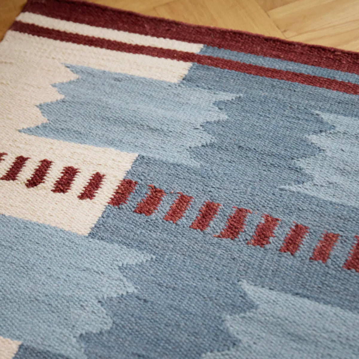 Blue Burgundy Cream Scandinavian Design Handwoven Wool Flat weave Geometric Modern Rug