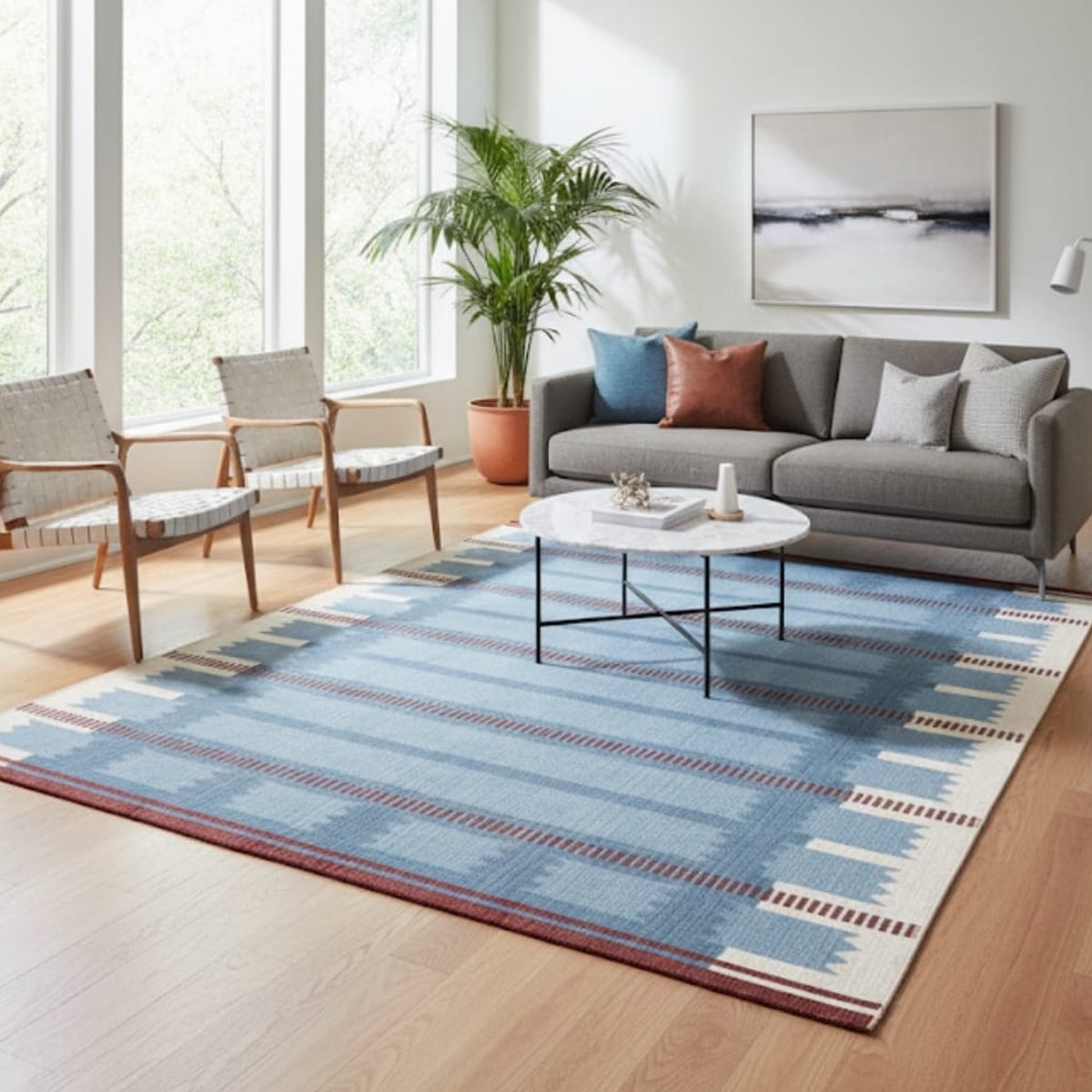 Blue Burgundy Cream Scandinavian Design Handwoven Wool Flat weave Geometric Modern Rug