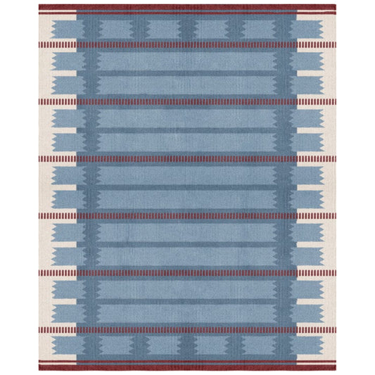 Blue Beige Red Röllakan Iris  Wool Rug - Petrol