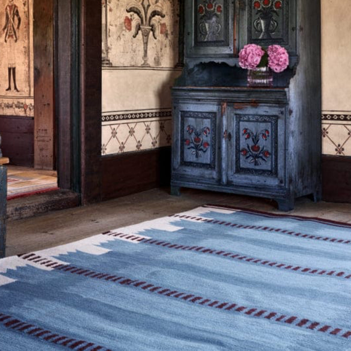 Blue Burgundy Cream Scandinavian Design Handwoven Wool Flat weave Geometric Modern Rug