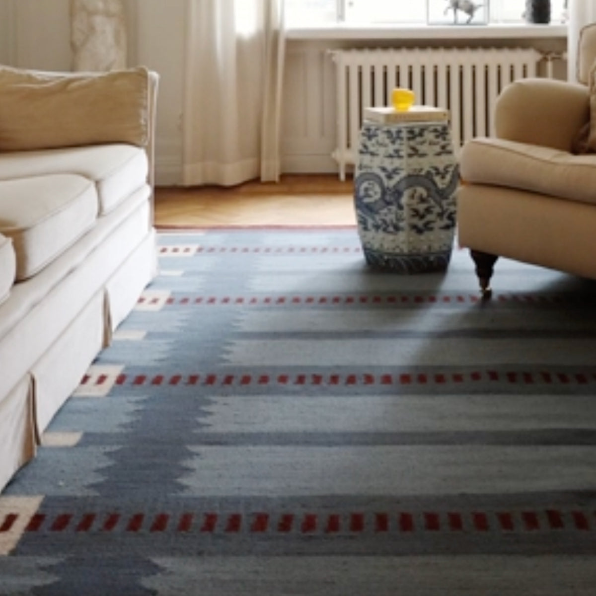 Blue Burgundy Cream Scandinavian Design Handwoven Wool Flat weave Geometric Modern Rug