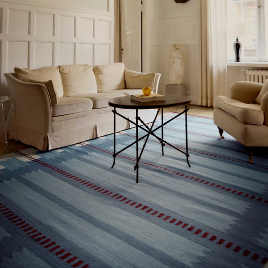 Blue Beige Red Röllakan Iris  Wool Rug - Petrol