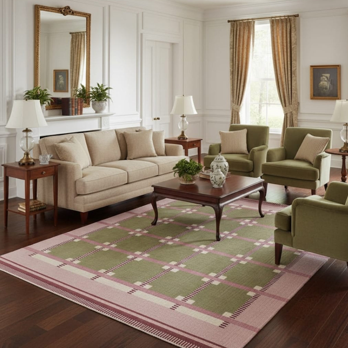 Scandinavian Design Olive, Rust & Pink Geometric Modern Area Rug for Living Room