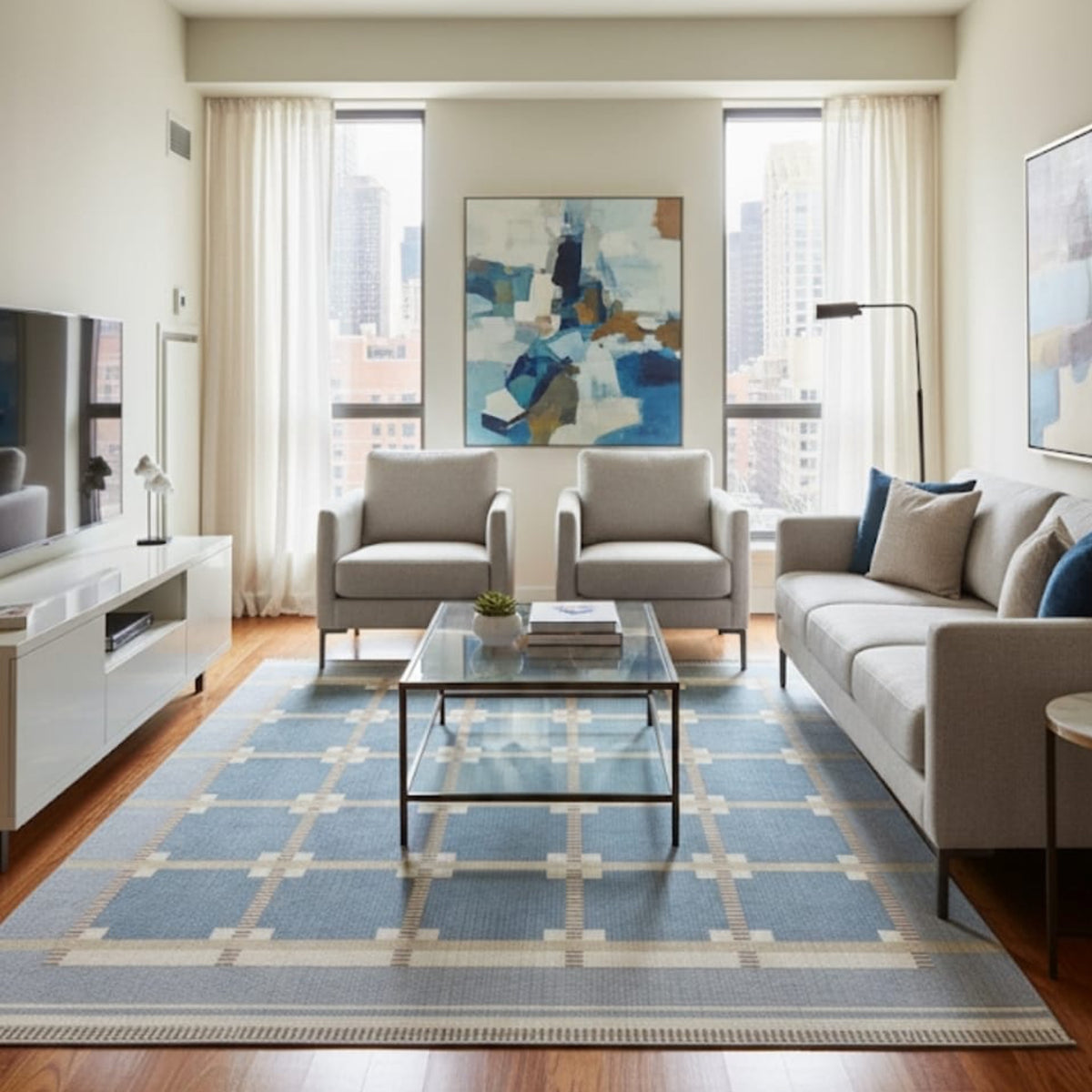 Handwoven Scandinavian Flatweave Wool Area Rug Blue Grey Beige Nordic Design Reversible Floor Covering
