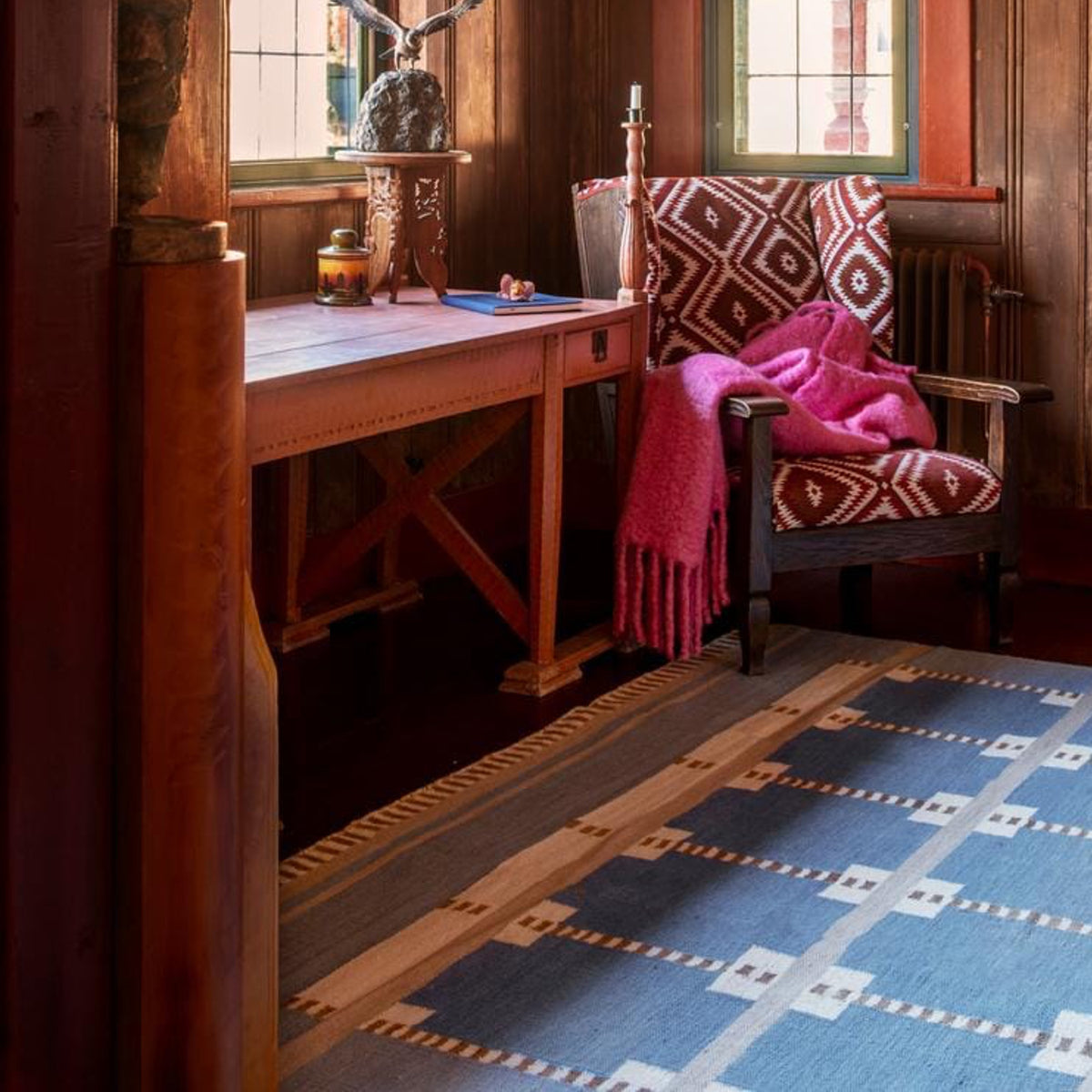 Handwoven Scandinavian Flatweave Wool Area Rug Blue Grey Beige Nordic Design Reversible Floor Covering