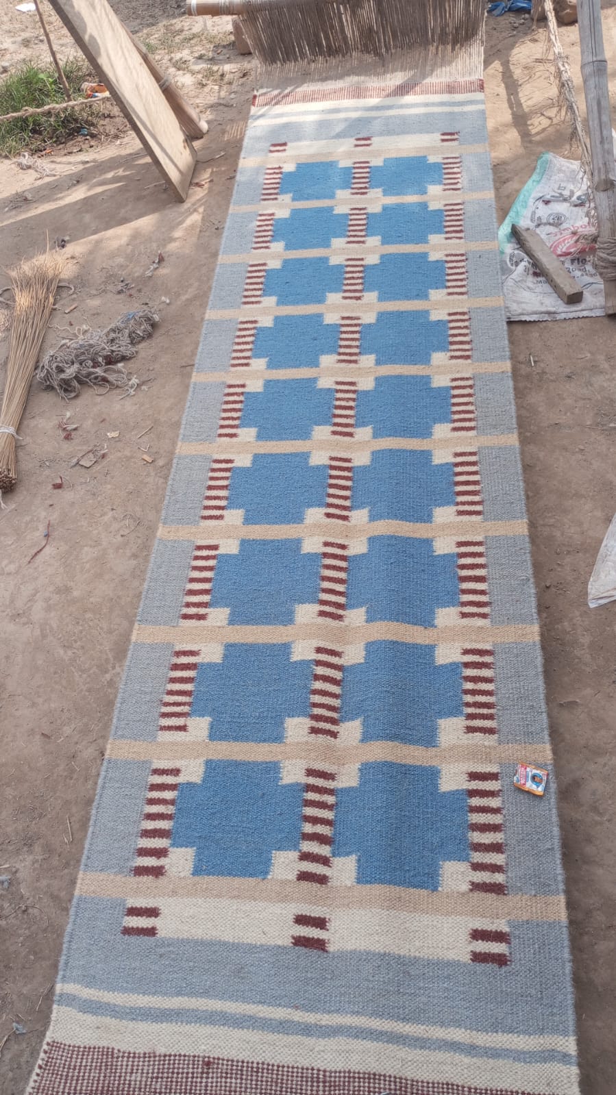 Blue Grey Beige Runner. Scandinavian Design Wool Handwoven Flat Weave