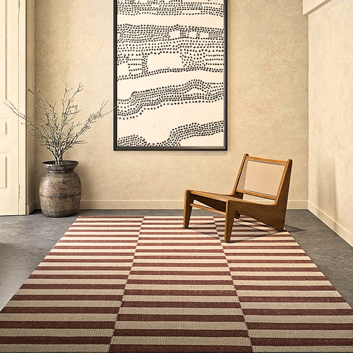 Tapis moderne géométrique pour salon, design scandinave, olive, rouille et rose