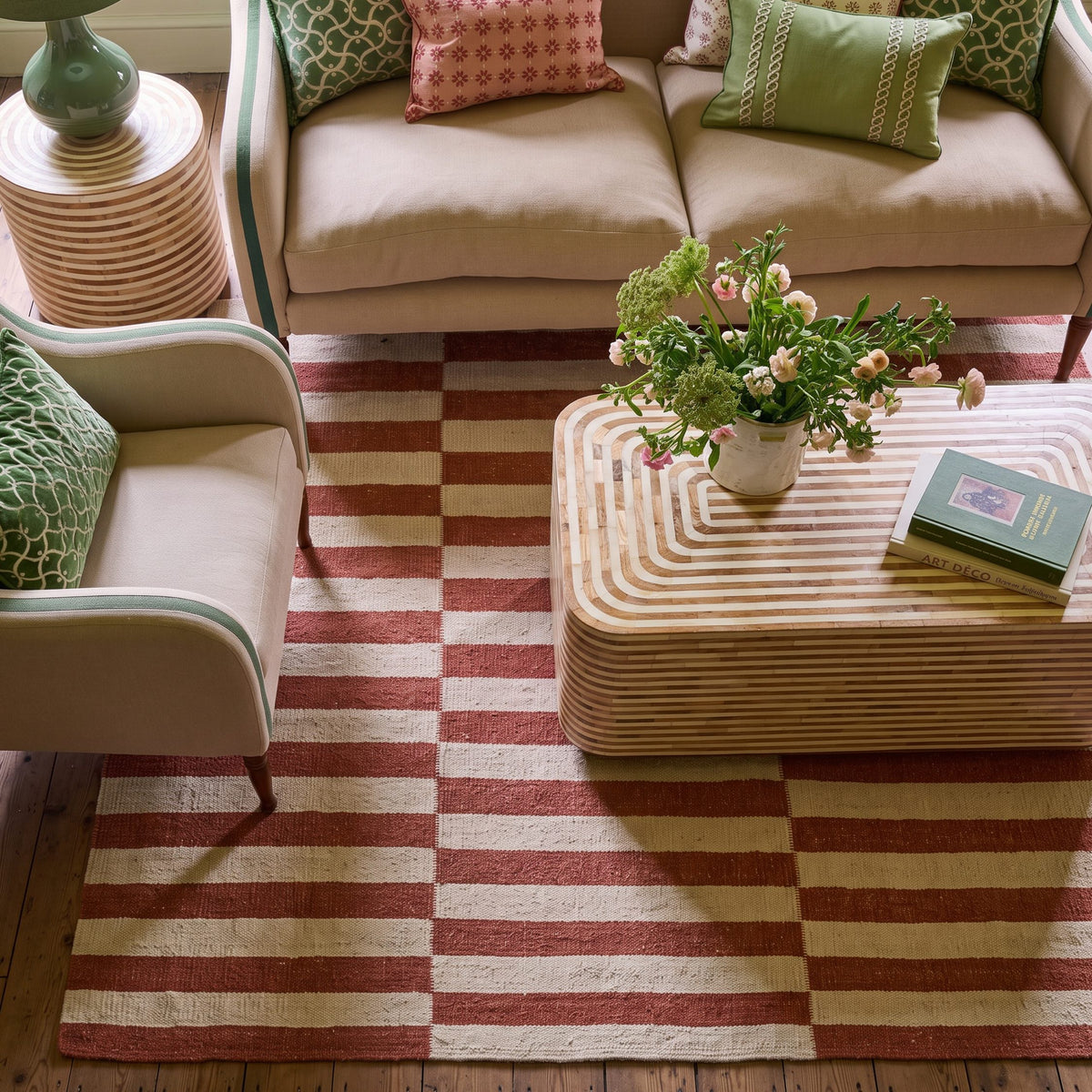 Tapis moderne géométrique pour salon, design scandinave, olive, rouille et rose