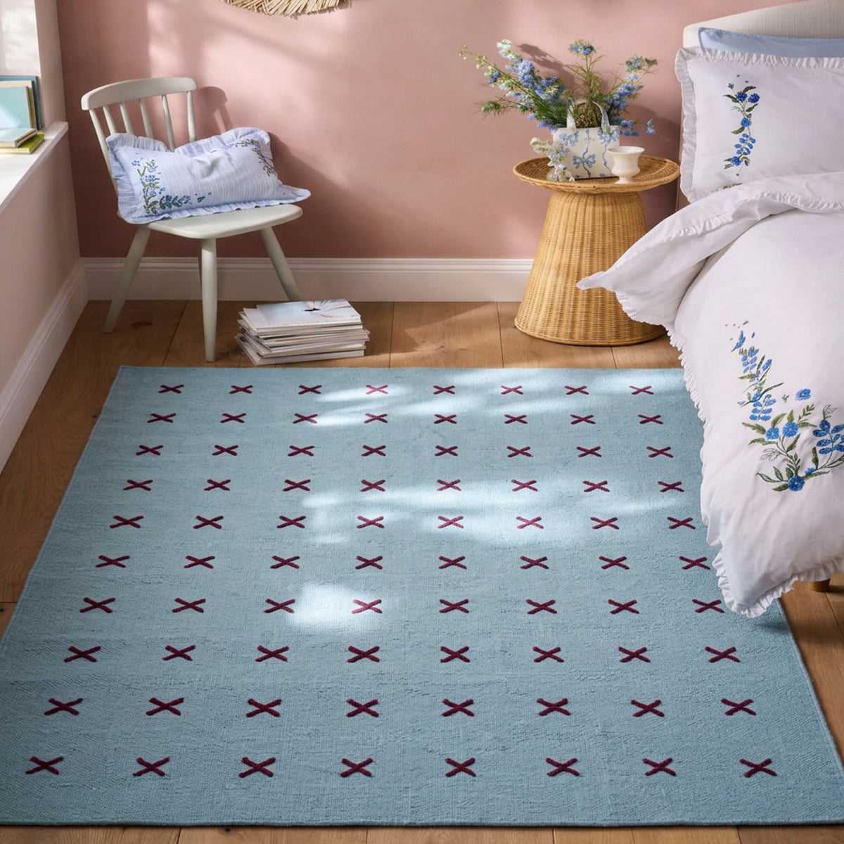 Tapis moderne géométrique pour salon, design scandinave, olive, rouille et rose
