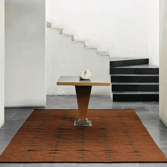 Handwoven Burgundy Brown Striped Minimalist Flat weave Wool Area Rug. Custom Sizes