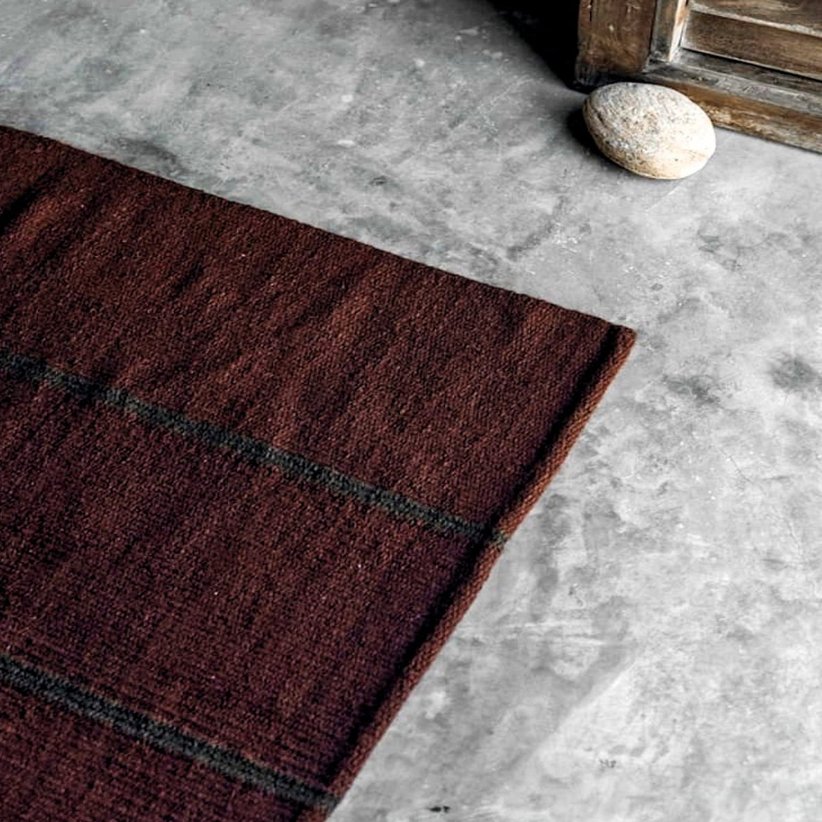 Handwoven Burgundy Brown Striped Minimalist Flat weave Wool Area Rug. Custom Sizes