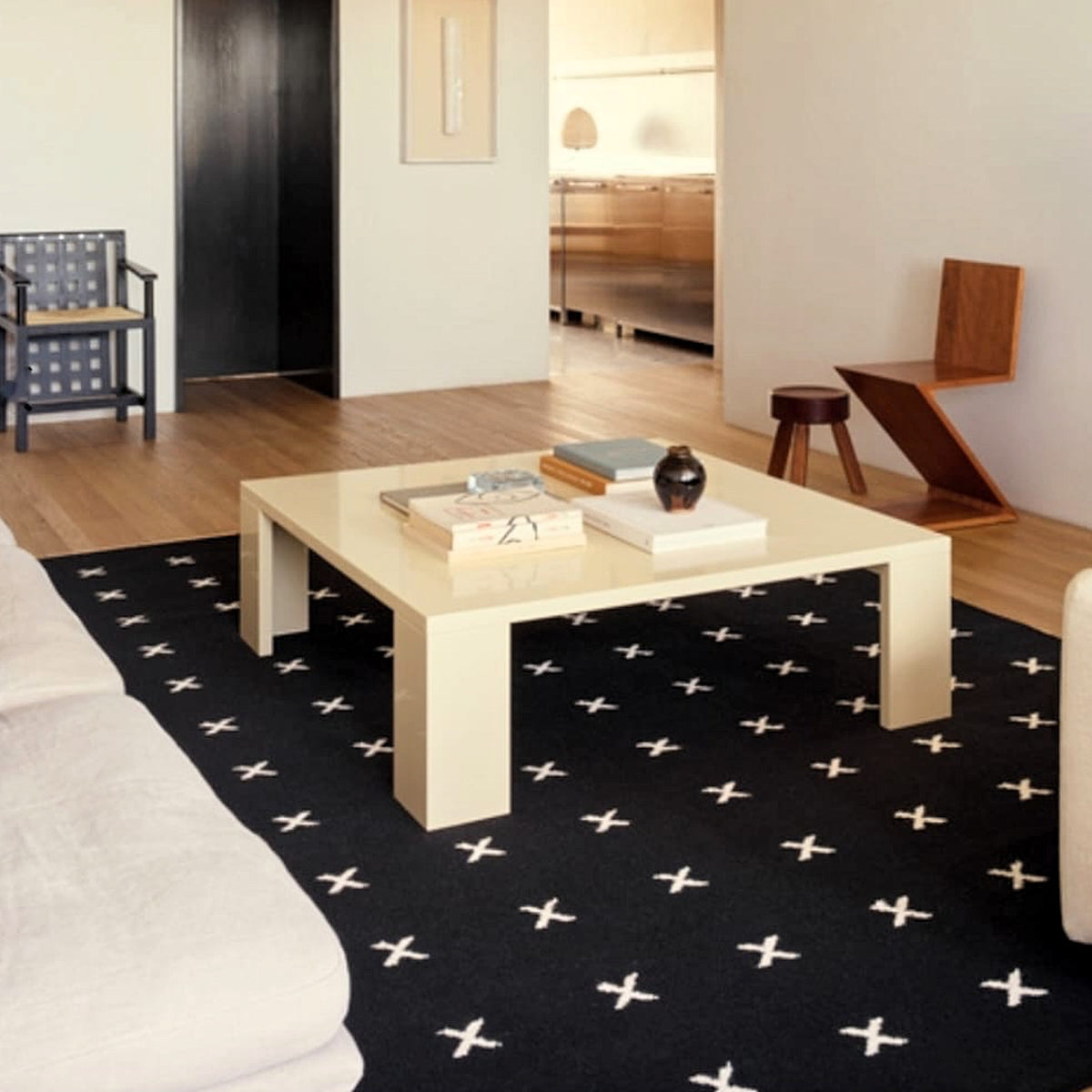 Black Cream Cross Handwoven Nordic Design Wool Rug