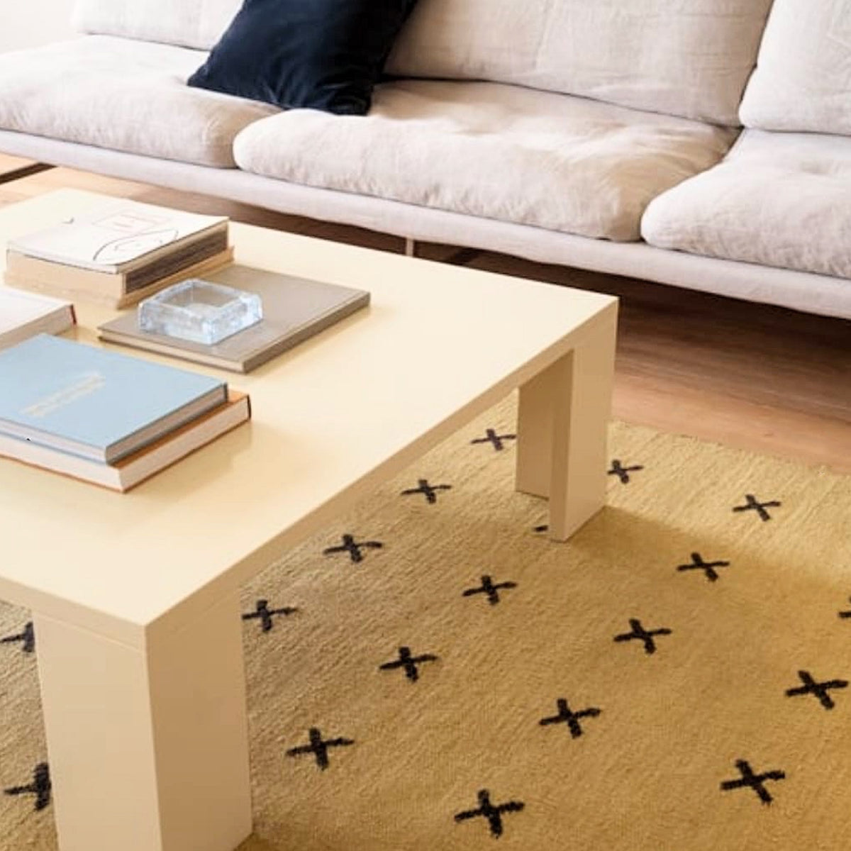 Mustard Brown Cross Handwoven Nordic Design Wool Rug
