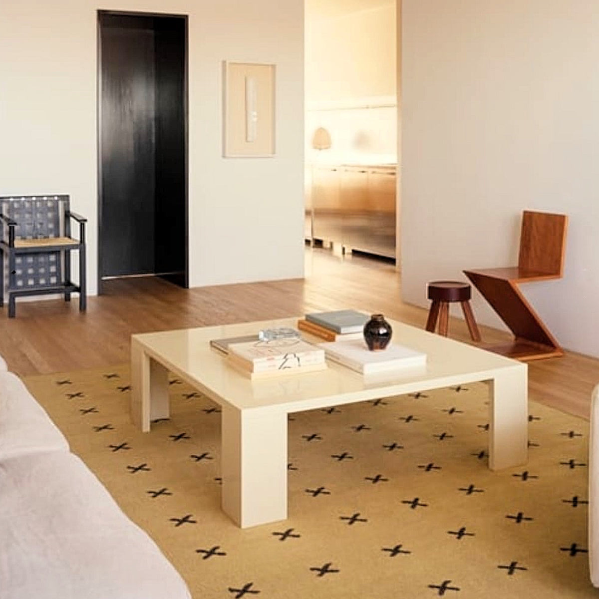 Mustard Brown Cross Handwoven Nordic Design Wool Rug