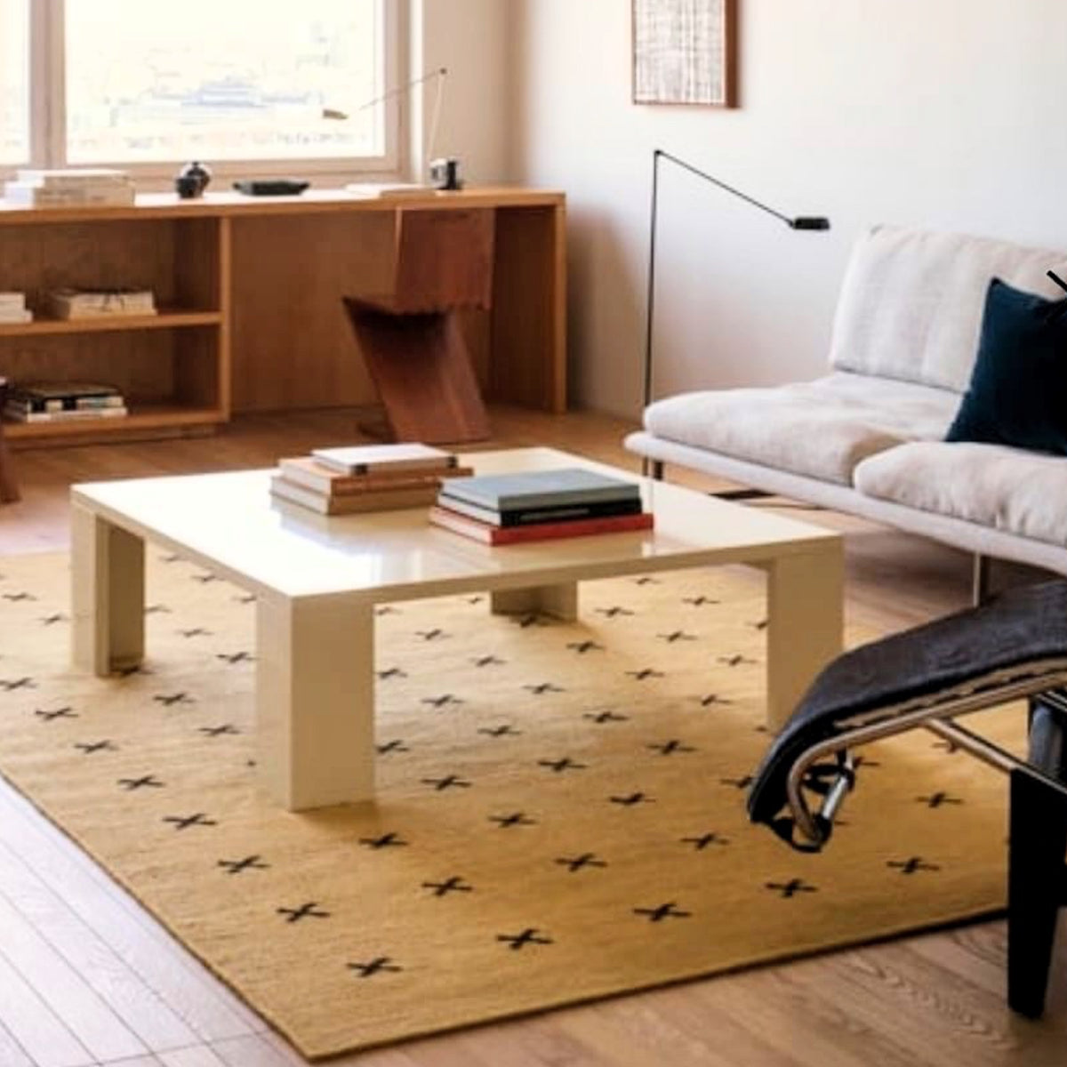 Mustard Brown Cross Handwoven Nordic Design Wool Rug
