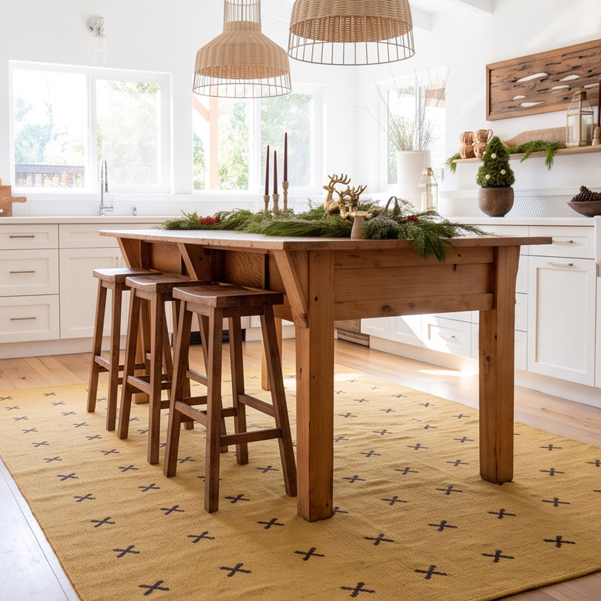 Mustard Brown Cross Handwoven Nordic Design Wool Rug