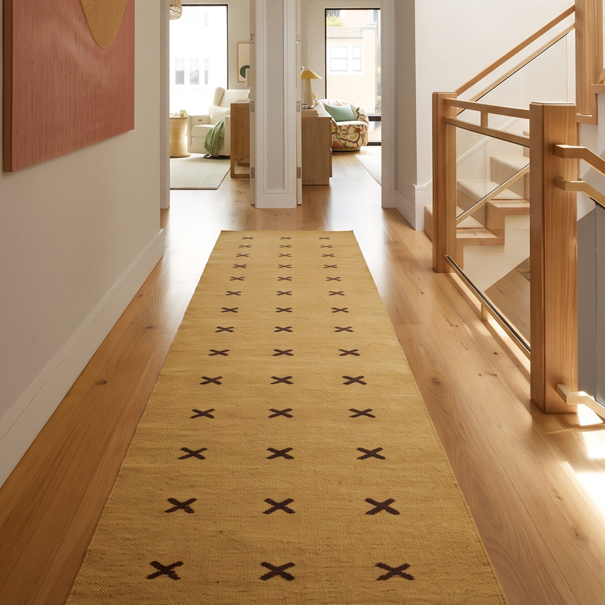 Mustard Brown Cross Handwoven Nordic Design Wool Rug