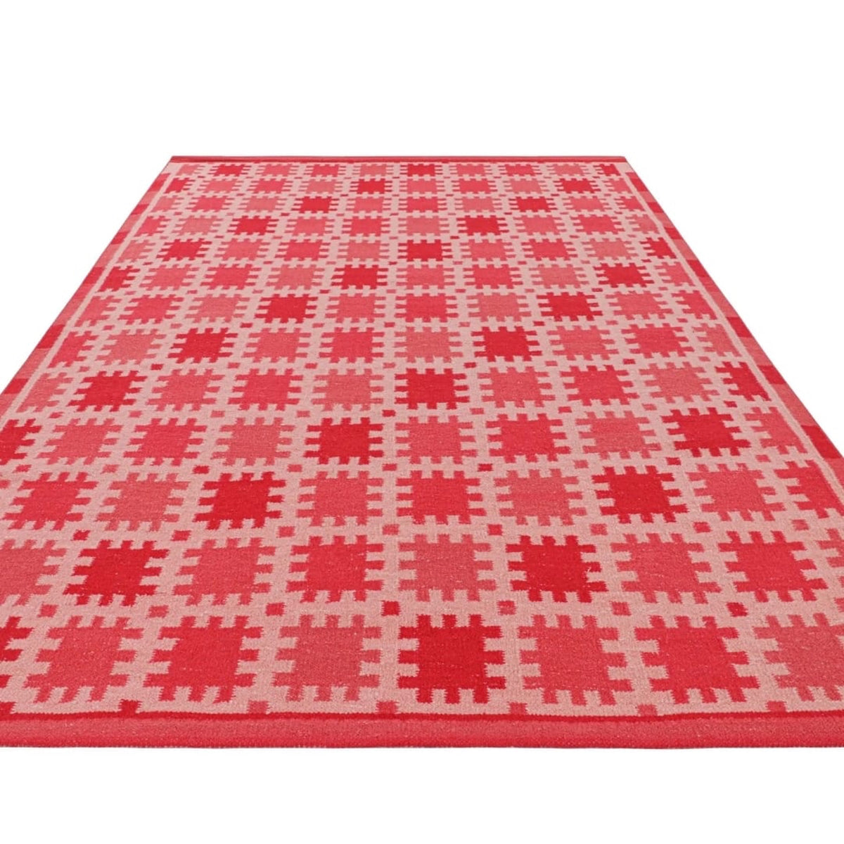 Handwoven Wool Kilim Rug: Pink Coral Terracotta Multicolor Geometric Scandinavian Design