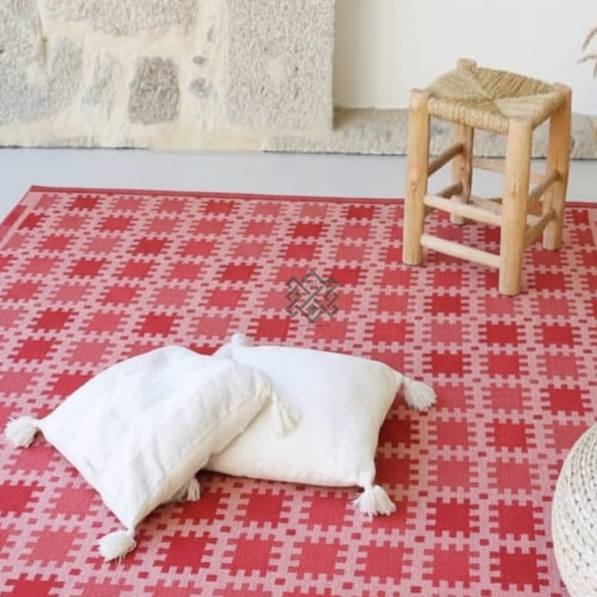 Handwoven Wool Kilim Rug: Pink Coral Terracotta Multicolor Geometric Scandinavian Design
