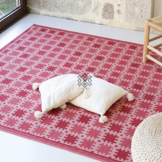 Handwoven Wool Kilim Rug: Pink Coral Terracotta Multicolor Geometric Scandinavian Design