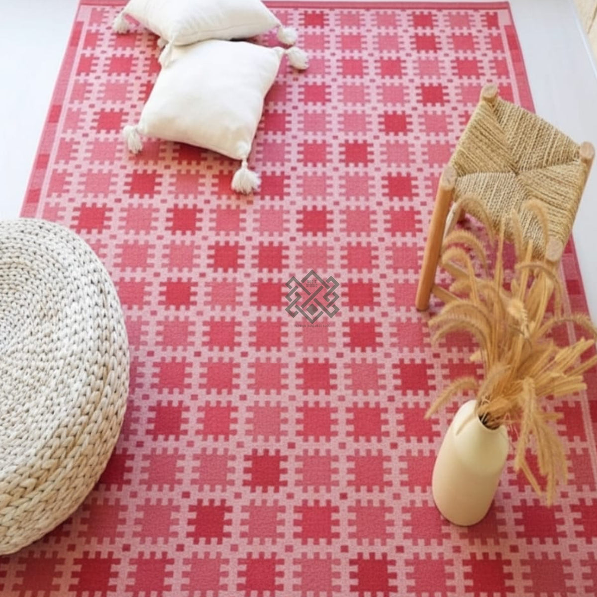 Handwoven Wool Kilim Rug: Pink Coral Terracotta Multicolor Geometric Scandinavian Design