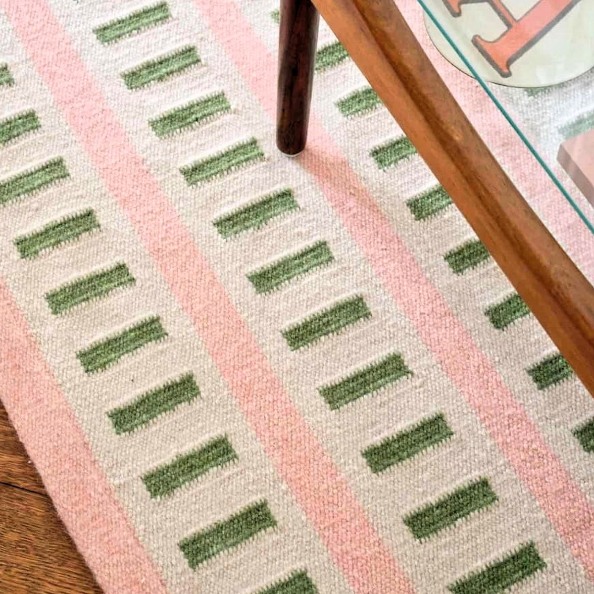 Pink Green Beige Handwoven Wool Rug